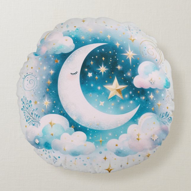 Blå och vit halvmåne Celestial Boho Modern Rund Kudde (Framsidan)