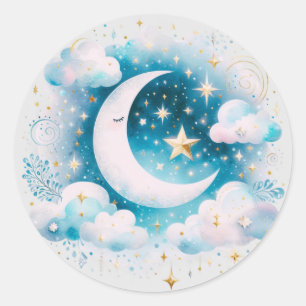 Blå och vit halvmåne Celestial Boho Modern Runt Klistermärke