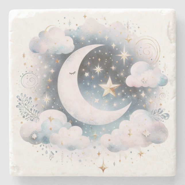 Blå och vit halvmåne Celestial Boho Modern Stenunderlägg (Framsidan)