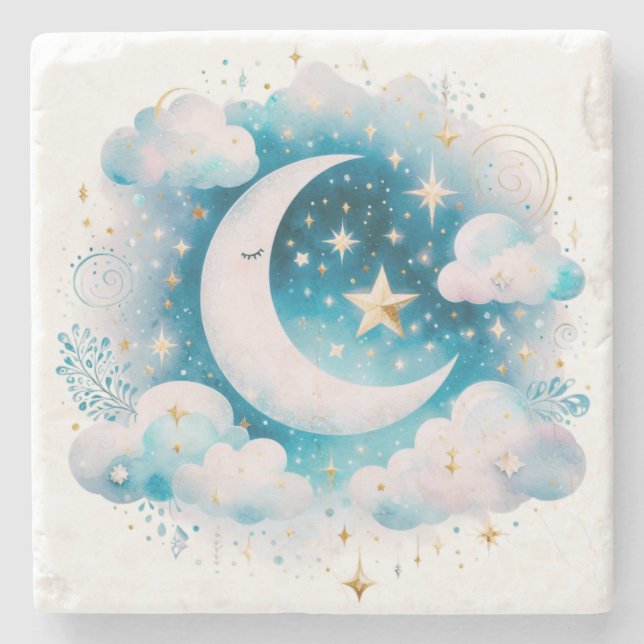 Blå och vit halvmåne Celestial Boho Modern Stenunderlägg (Framsidan)