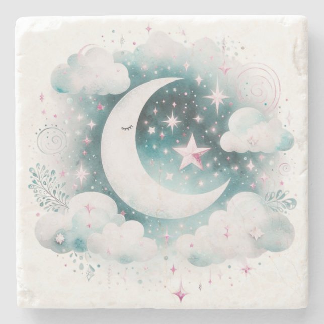 Blå och vit halvmåne Celestial Boho Modern Stenunderlägg (Framsidan)