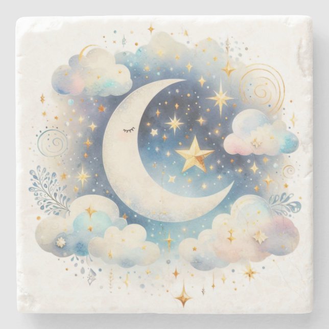 Blå och vit halvmåne Celestial Boho Modern Stenunderlägg (Framsidan)