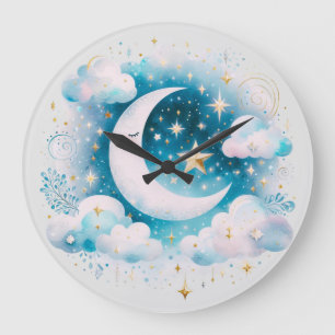 Blå och vit halvmåne Celestial Boho Modern Stor Klocka