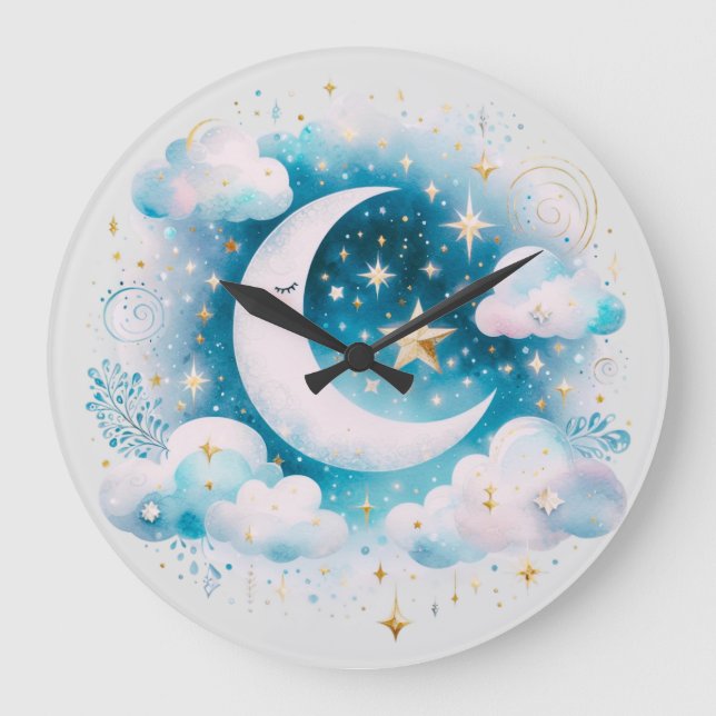Blå och vit halvmåne Celestial Boho Modern Stor Klocka (Framsida)