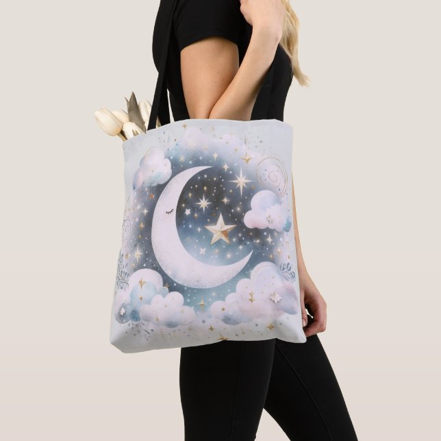 Blå och vit halvmåne Celestial Boho Modern Tygkasse (Närbild)