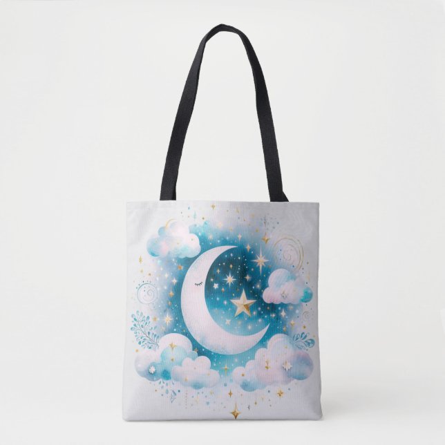 Blå och vit halvmåne Celestial Boho Modern Tygkasse (Framsida)