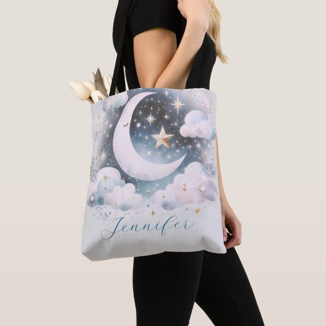 Blå och vit halvmåne Celestial Boho Modern Tygkasse (Närbild)
