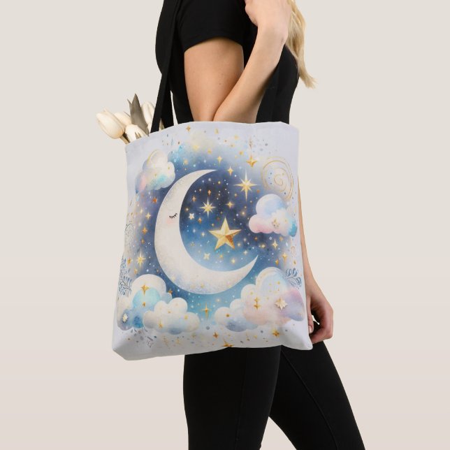 Blå och vit halvmåne Celestial Boho Modern Tygkasse (Närbild)