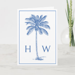 Blå och vit Handflatan Palmetto Träd Monogram Anteckningskort