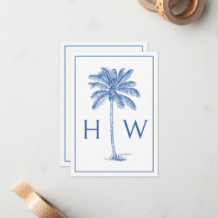 Blå och vit Handflatan Palmetto Träd Monogram Anteckningskort
