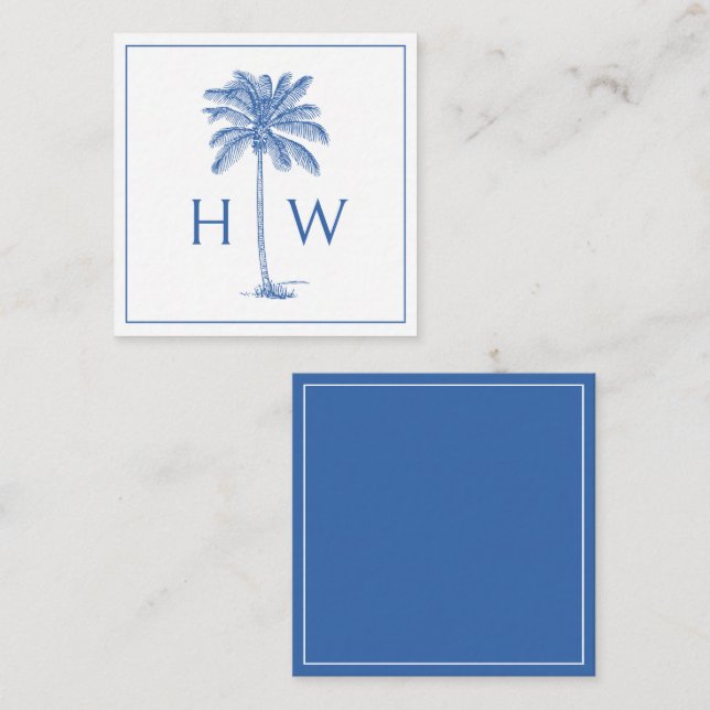 Blå och vit Handflatan Palmetto Träd Monogram Anteckningskort (Fram/baksida)