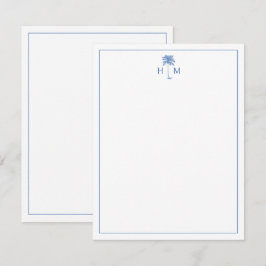 Blå och vit Handflatan Palmetto Träd Monogram Anteckningskort