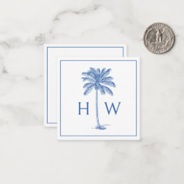 Blå och vit Handflatan Palmetto Träd Monogram Anteckningskort