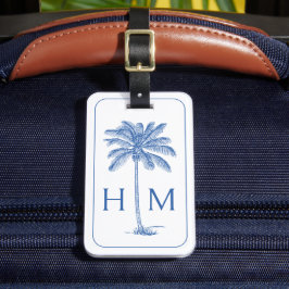 Blå och vit Handflatan Palmetto Träd Monogram Bagagebricka