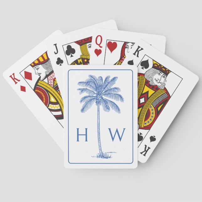 Blå och vit Handflatan Palmetto Träd Monogram Casinokort (Baksidan)