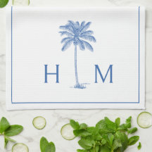 Blå och vit Handflatan Palmetto Träd Monogram