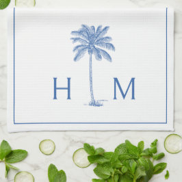 Blå och vit Handflatan Palmetto Träd Monogram Kökshandduk