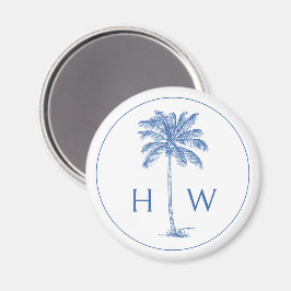 Blå och vit Handflatan Palmetto Träd Monogram Magnet