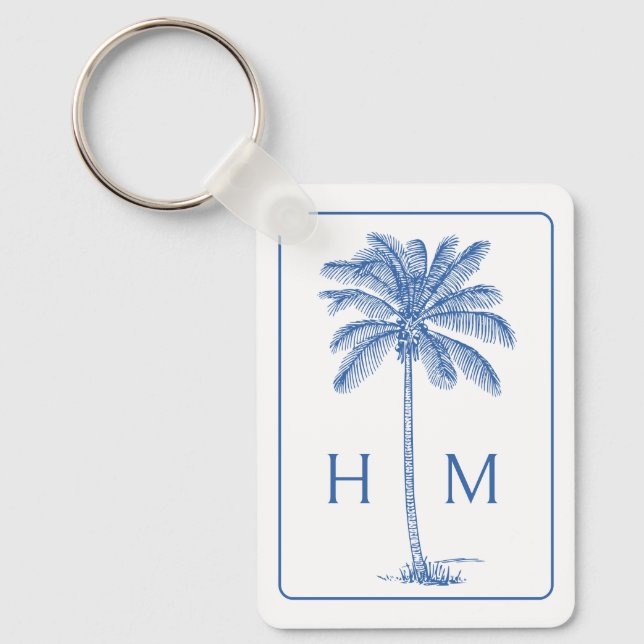 Blå och vit Handflatan Palmetto Träd Monogram Nyckelring (Framsida)