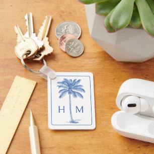 Blå och vit Handflatan Palmetto Träd Monogram Nyckelring