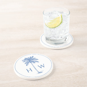 Blå och vit Handflatan Palmetto Träd Monogram Underlägg