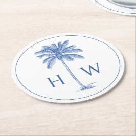 Blå och vit Handflatan Palmetto Träd Monogram Underlägg Papper Rund