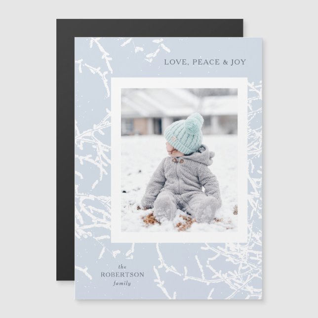 Blå och vit Helgdag-fotogen i Snöblaj Grenar Magnetisk Inbjudningskort (Fram/baksida)