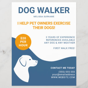Blå och vit hundpromeneringsmall med orange reklamblad