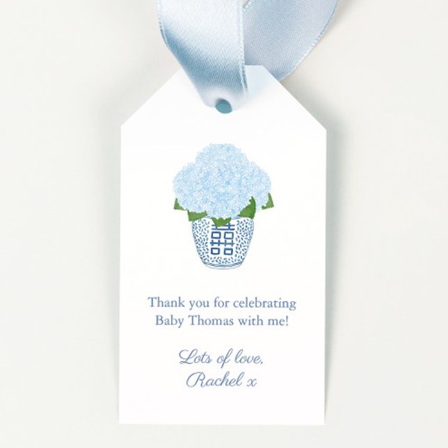 Blå Och Vit Hydrangea Gingerkruka Babyfirande Presentetikett (Chinoiserie Chic Watercolor Navy Blue & White Ginger Jar With Blue Hydrangeas Baby Shower Favor Tags)