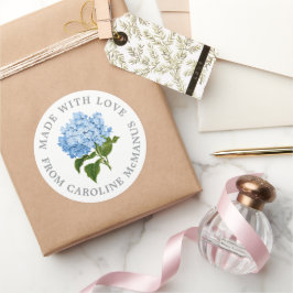 Blå och vit Hydrangea Made med Kärlek Runt Klistermärke