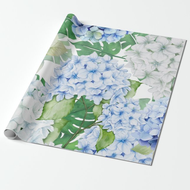Blå och vit Hydrangea Presentpapper (Utrullad)