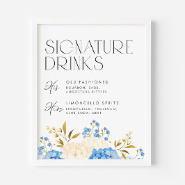 Blå och vit Hydrangeas Bröllop Namnteckning drycke Poster