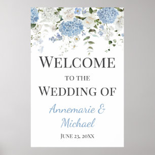 Blå och vit Hydrangeas Välkommen till Bröllop Poster