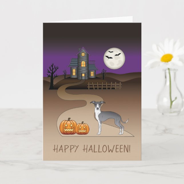 Blå och vit Iggy och Halloween-spökhus Kort (Liten växt)