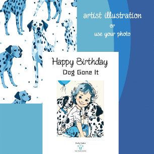 Blå och vit Illustrated Dalmatian   Födelsedag Kort