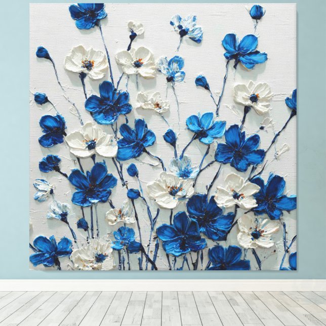 Blå och vit impasto blomsterabstrakt väggkonst canvastryck (Insitu (trägolv))