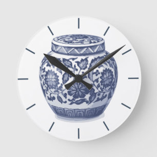 Blå och vit ingefära Burk Chinoiserie Design Rund Klocka