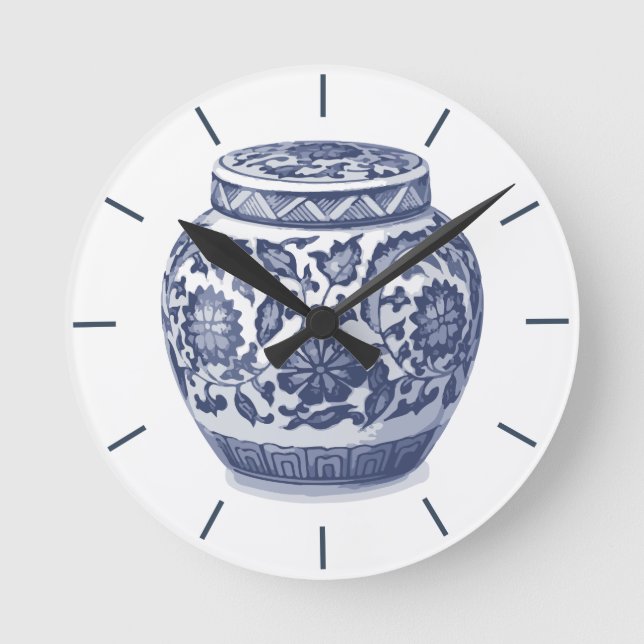 Blå och vit ingefära Burk Chinoiserie Design Rund Klocka (Framsida)