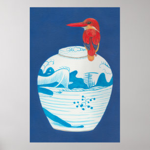 Blå och vit ingefära burk med röd kungsfågel poster