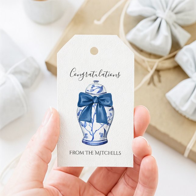 Blå och vit ingefärska kruka med blå rosett  presentetikett (Ginger Jar White Gift Tag)