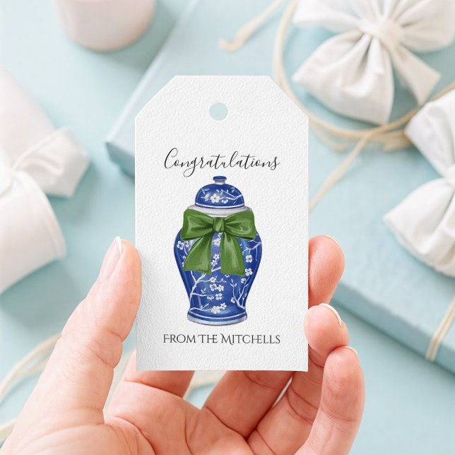 Blå och vit ingefärskruk med grön slinga  presentetikett (Ginger Jar Blue Gift Tag)