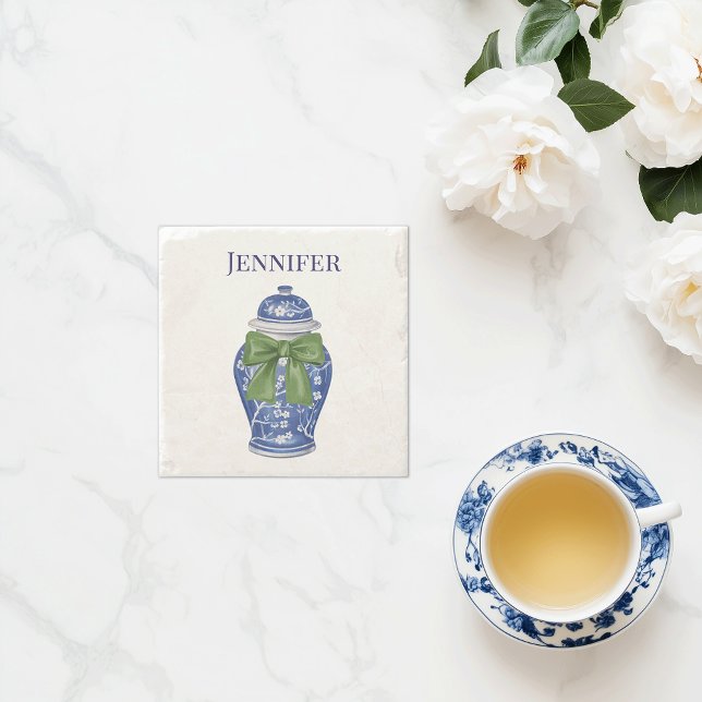 Blå och vit ingefärskrukas chinoiserie  stenunderlägg (Personalized blue ginger jar bow stone coaster custom name)