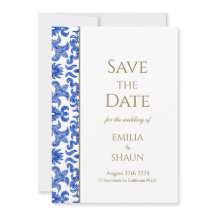 Blå och vit italiensk Bröllop spara datum