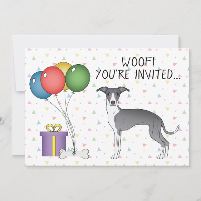 Blå och vit italiensk greyhound Cute Hund Birthday Inbjudningar (Framsida)
