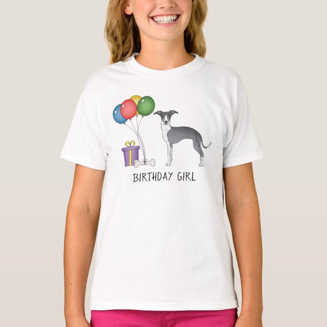 Blå och vit italiensk greyhound - födelsedagsflick t shirt (Framsida)