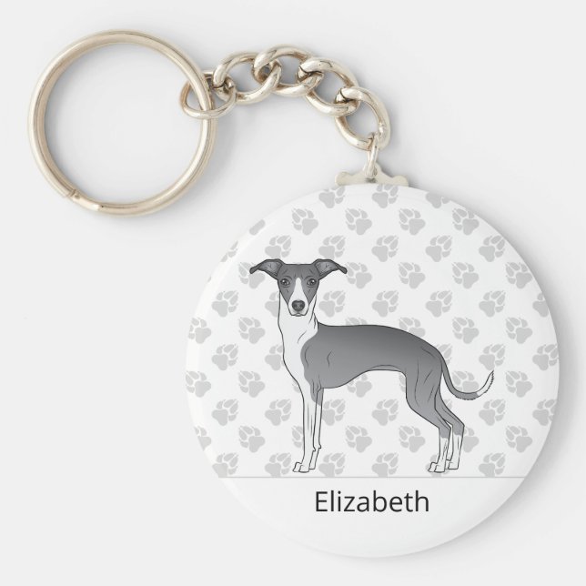 Blå och vit italiensk greyhound med eget namn nyckelring (Framsidan)