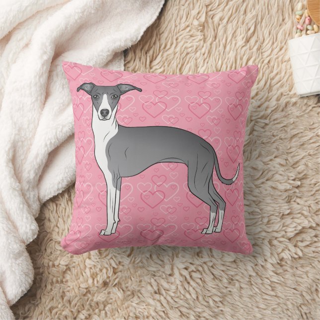 Blå och vit italiensk greyhound på Rosa Hearts Kudde (Filt)
