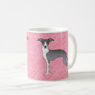 Blå Och Vit Italiensk Mops På Rosa Hjärtan Kaffemugg