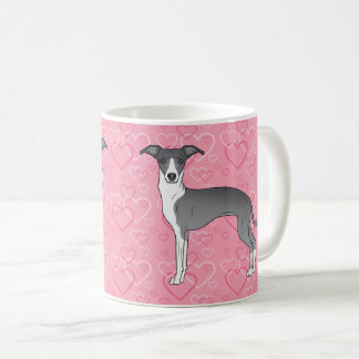 Blå Och Vit Italiensk Mops På Rosa Hjärtan Kaffemugg
