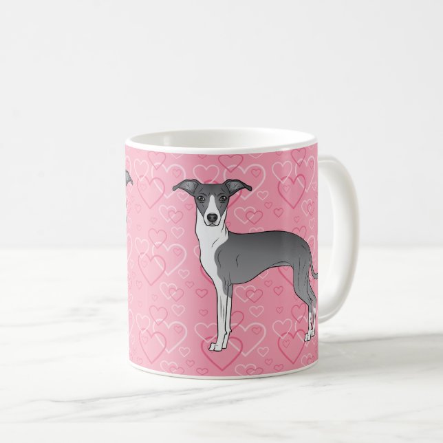 Blå Och Vit Italiensk Mops På Rosa Hjärtan Kaffemugg (Framsida höger)